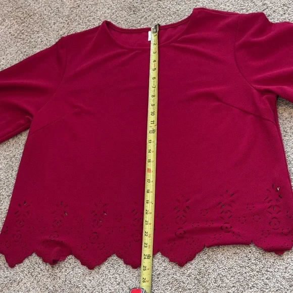 Red Laser Cut Scallop Hem Bell Sleeve Top 3XL Holiday Party Casual Festive Chic - Picture 9 of 11